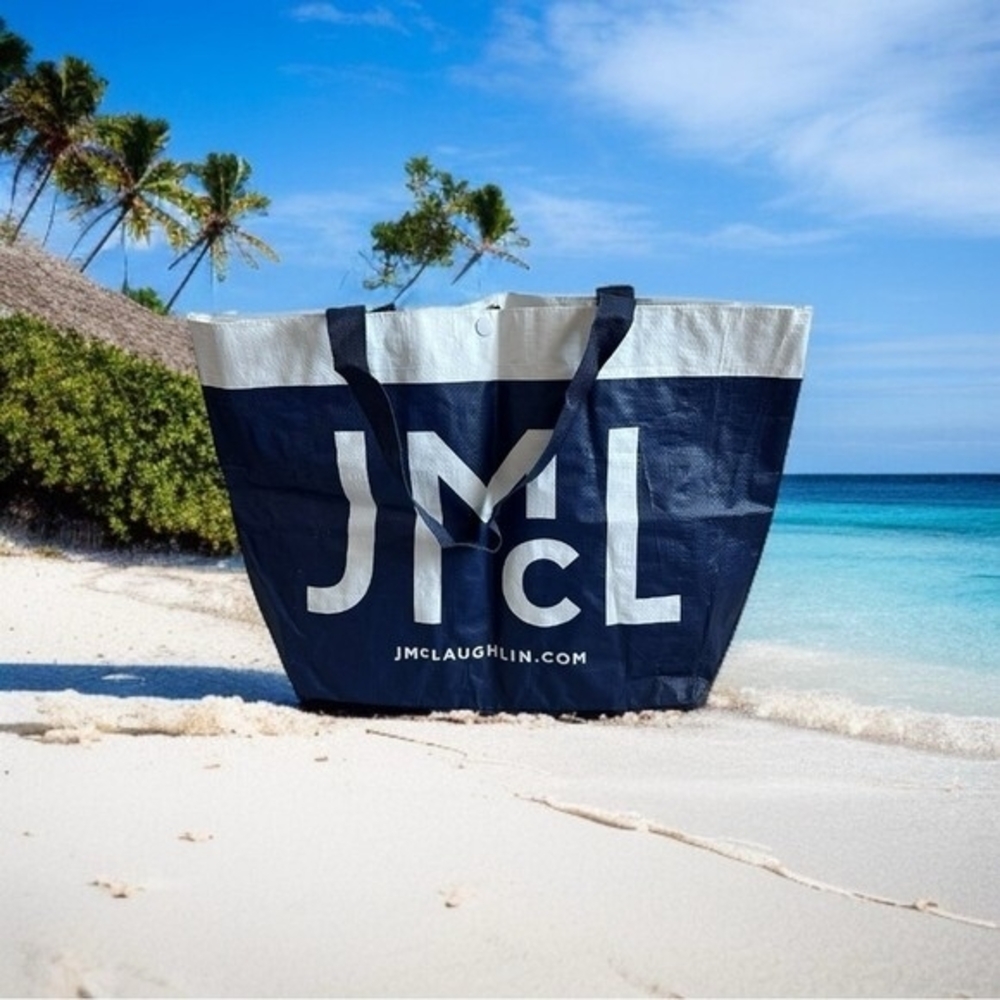 J McLaughlin Logo Tote Bag 21"x12" Blue White Plastic Beach Shopping Shopper VG
